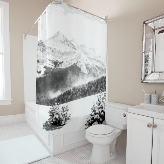 Rideaux De Douche Poussière fraîche de neige // Noir et blanc (En situation)