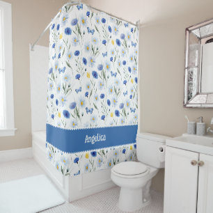 Rideaux De Douche Prairie de Fleurs Sauvages Aquarelle Bleue Nom
