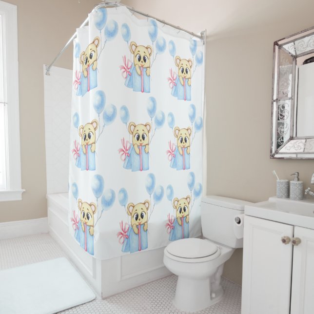 Rideaux De Douche Premier anniversaire personnalisé Teddy Bear Boy (En situation)