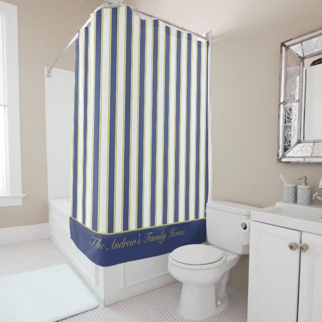 Rideaux De Douche Preppy Boating Yacht Stripes Bleu et Blanc (En situation)