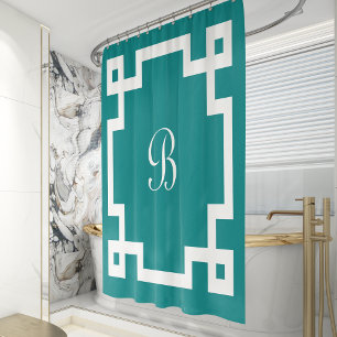 Rideaux De Douche Preppy Monogramme blanc Clé grecque Bordure Turquo