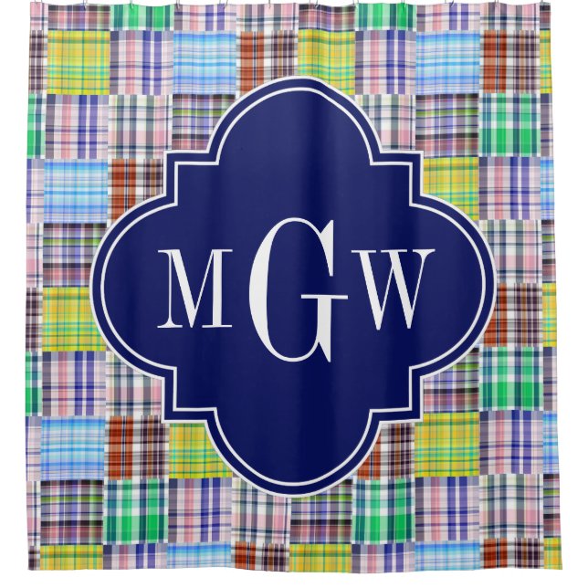 Rideaux De Douche Preppy Patchwork Madras Navy Quatrefoil Monogramme (Devant)