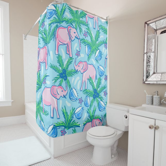 Rideaux De Douche Preppy rose Elephant Tropical (En situation)