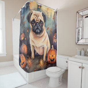 Rideaux De Douche Pug d'Halloween avec citrouilles effrayant
