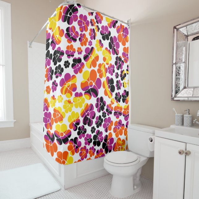 Rideaux De Douche Puissance des fleurs - Noir, Rose, Orange et Jaune (En situation)
