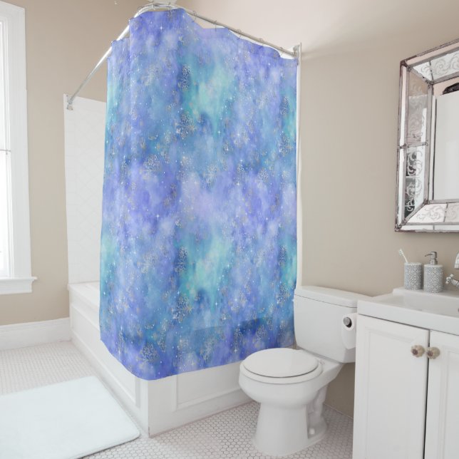 Rideaux De Douche Purple bleu nuit Sky Aquarelle Turquoise (En situation)