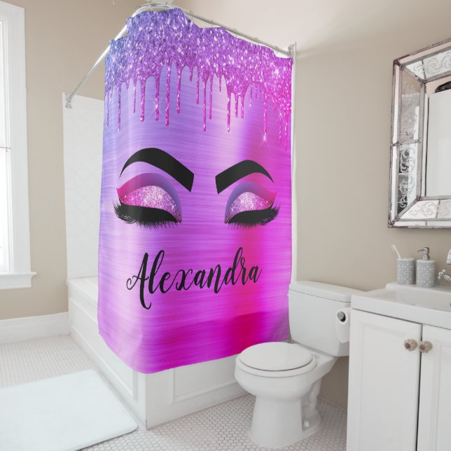 Rideaux De Douche Purple Glitter Sparkle Eyelashes Monogram (En situation)