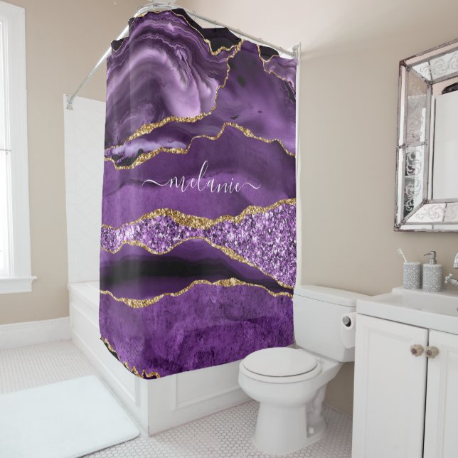 Rideaux De Douche Purple Gold Parties scintillant Nom personnalisé D (En situation)