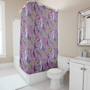 Rideaux De Douche Purple Peacock Exotic Turquoise Scroll Chinoiserie