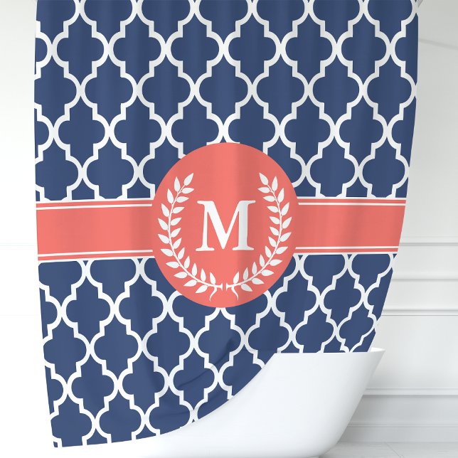 Rideaux De Douche Quatrefoil bleu marine et corail personnalisé (Créateur téléchargé)