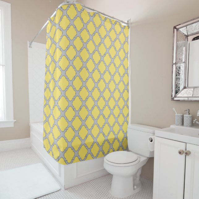 Rideaux De Douche Quatrefoil jaune et gris (En situation)