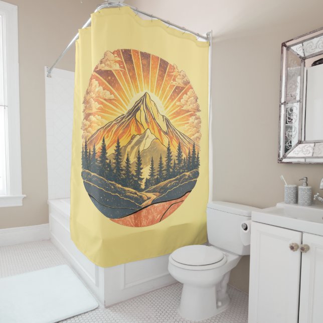 Rideaux De Douche Rainbow Mountain Peak | Retro Mountains Sunrise  (En situation)