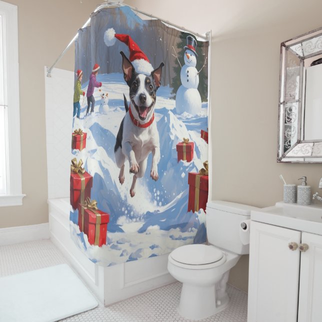Rideaux De Douche Rat Terrier Courir en neige avec Casquette de Noël (En situation)