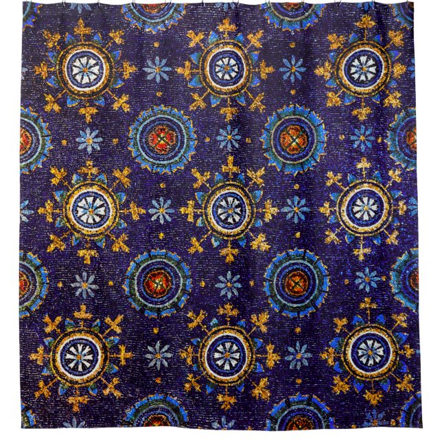 RIDEAUX DE DOUCHE RAVENNA BYZANTINE MOSAÏQUES, ÉTOILES, NUIT BLEUE S (Devant)