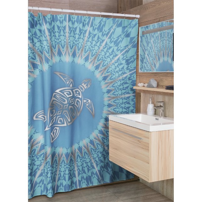 Rideaux De Douche "Rayon de tortue d'argent" | Mandala tropical (Créateur téléchargé)