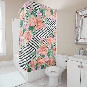 Rideaux De Douche Rayure de corail rose de blanc de noir de roses