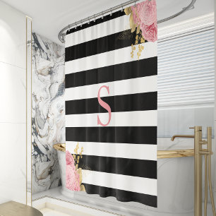 Rideaux De Douche Rayure Noir Blanc Floral Monogramme Rose Or