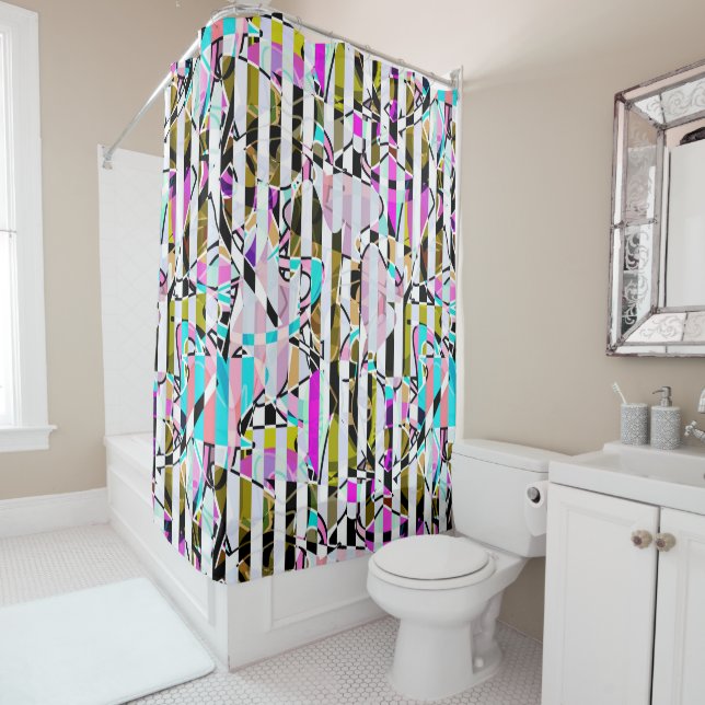 Rideaux De Douche rayures motif rayées Abstraites beige turquoise p (En situation)