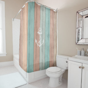 Rideaux De Douche Rayures nautiques en bois et Ancre de plage