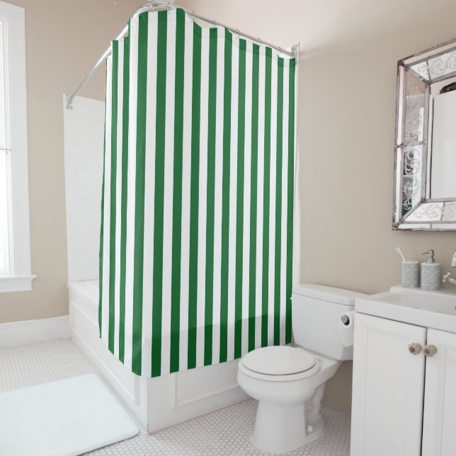 Rideaux De Douche Rayures vertes et blanches verticales (En situation)