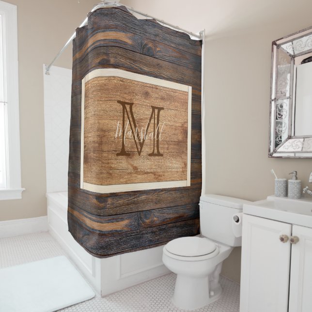Rideaux De Douche Rectangle de monogramme de ton de bois rustique (En situation)