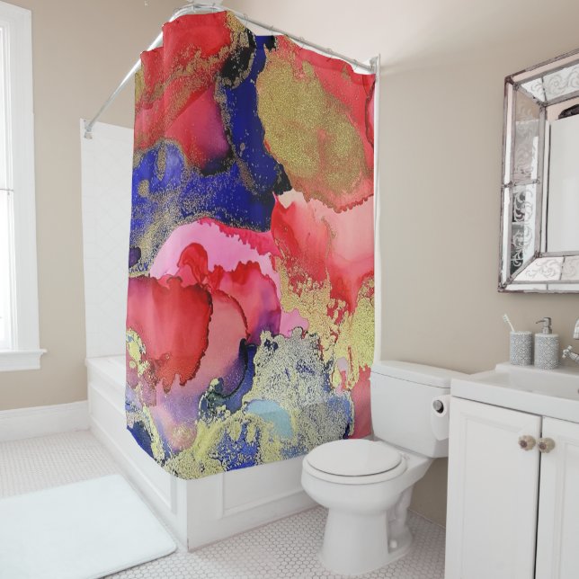 Rideaux De Douche Red Blue Gold Abstrait (En situation)