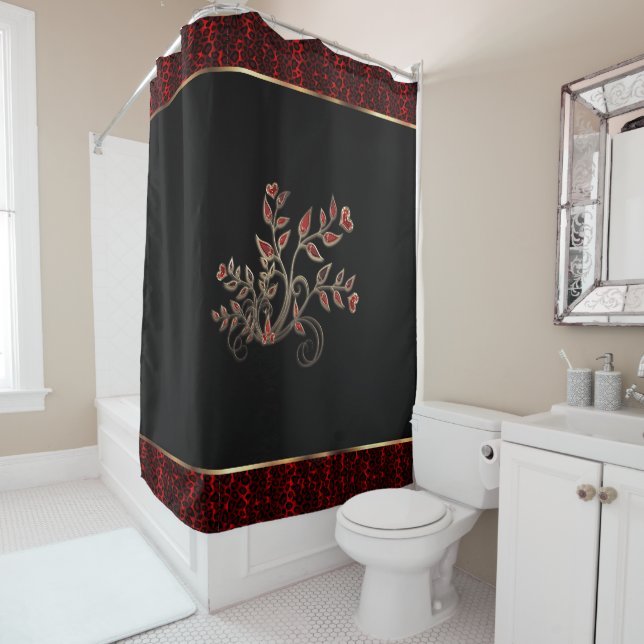 Rideaux De Douche Red Leopard Animal Motif et design floral (En situation)