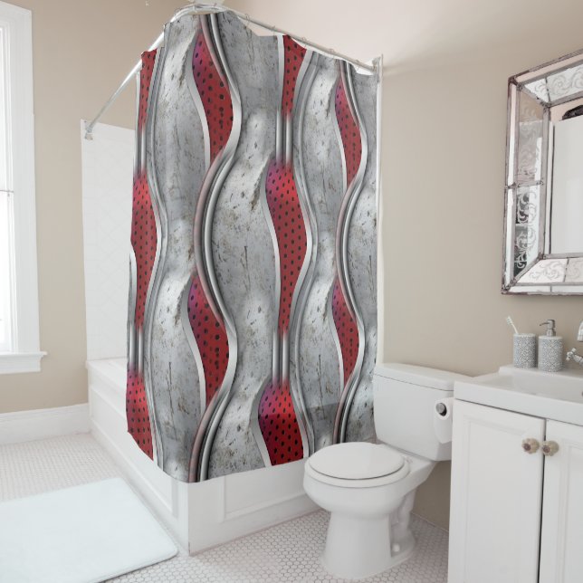 Rideaux De Douche Regarder la texture grise rouge 3D métallique (En situation)