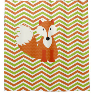 Rideaux De Douche Renard rouge orange sur Orange, Vert, Chevron blan