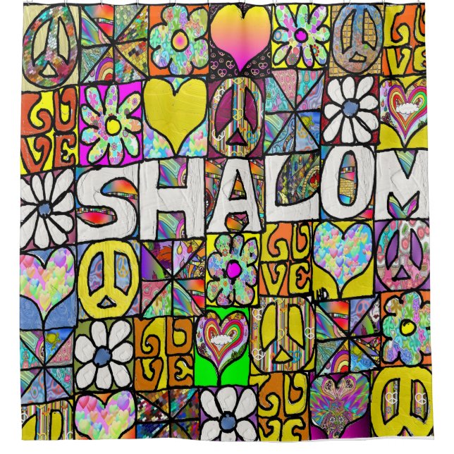 Rideaux De Douche Retro 60s Psychedelic Shalom LOVE (Devant)