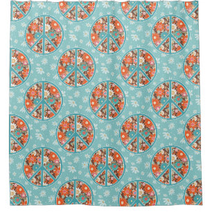 Rideaux De Douche RETRO années 60 70 Hippie Fleur de la Paix Bleu Or