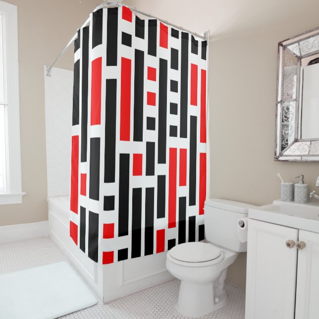 Rideaux De Douche Retro Art Déco Rouge Noir Abstrait Design Motif (En situation)