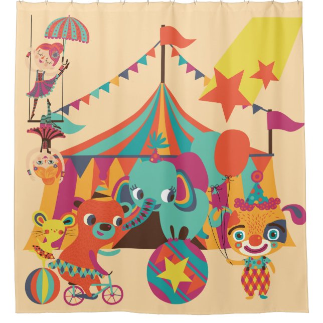 Rideaux De Douche Rétro cirque avec l'éléphant, ours, acrobates (Devant)