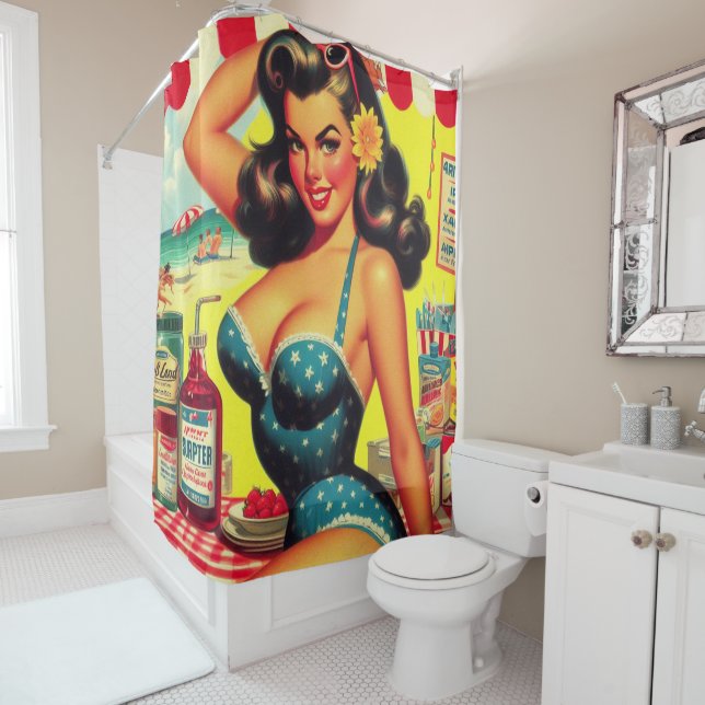 Rideaux De Douche Retro Été Plage Pin (En situation)