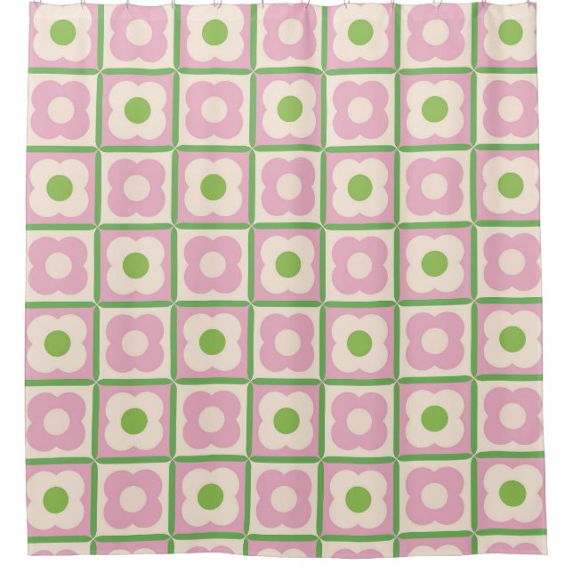 Rideaux De Douche Retro Floral Checker Motif rose et vert (Devant)