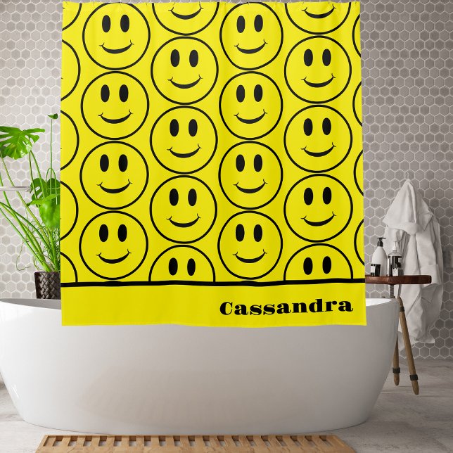 Rideaux De Douche Retro Jaune Joyeux Visage souriant (Créateur téléchargé)