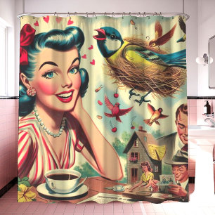 Rideaux De Douche Retro Kitsch Illustration féminine des années 1950