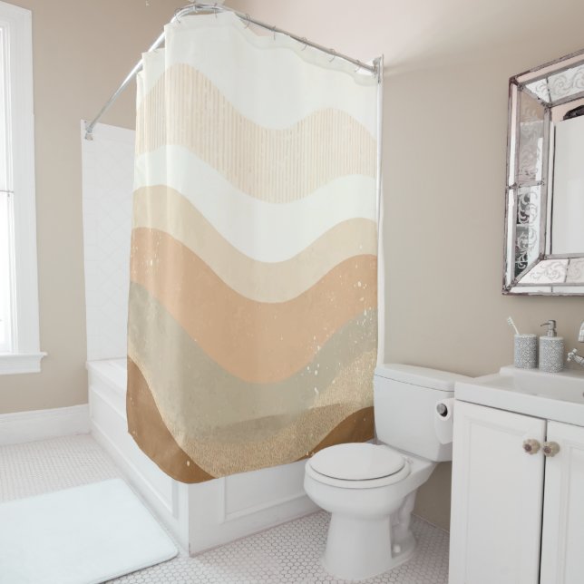 Rideaux De Douche Retro Mod Waves Earthy Neutral Design (En situation)