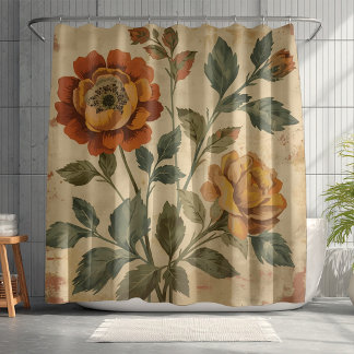 Rideaux De Douche Retro Orange Sage Green Mustard Vintage Floral