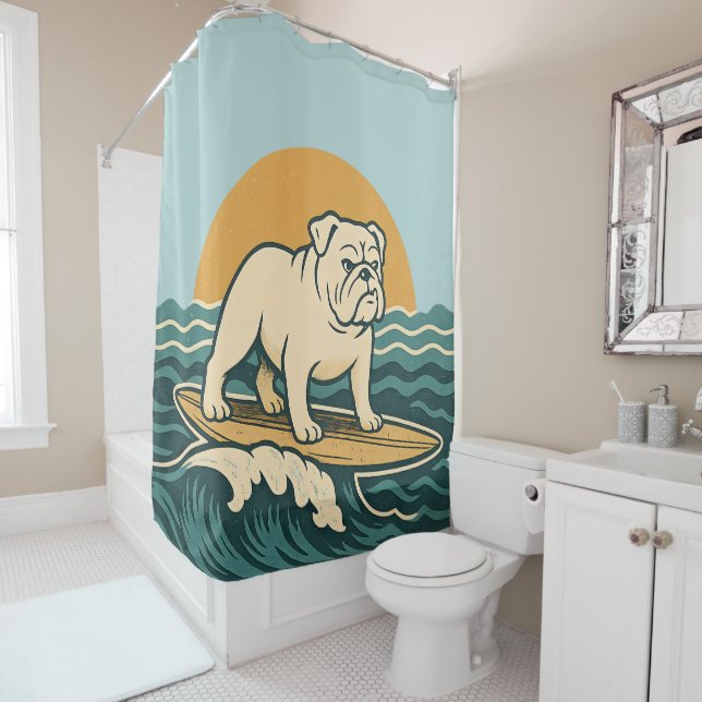 Rideaux De Douche Retro Surfer Bulldog - Blue Coastal Surfing Dog (En situation)