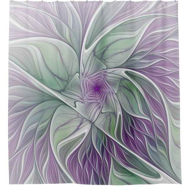 Rideaux De Douche Rêve de fleurs, Abstrait violet vert Fractal Art (Devant)