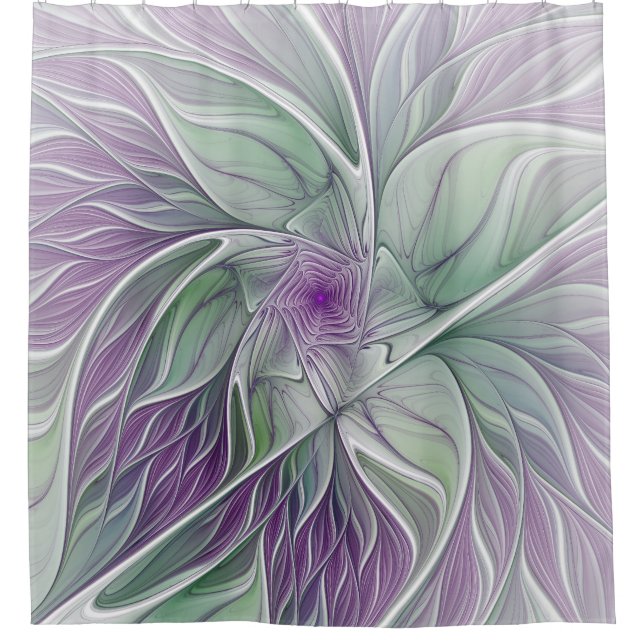 Rideaux De Douche Rêve de fleurs, Abstrait violet vert Fractal Art (Devant)