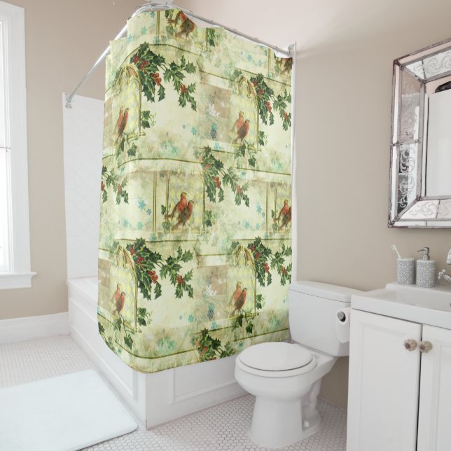 Rideaux De Douche Robin Bird Holly Noël Motif Nouvel An Floral (En situation)