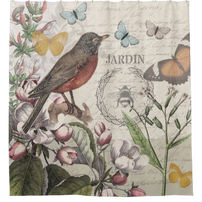 Rideaux De Douche Robin Elegant Bird Butterfly French Art (Devant)