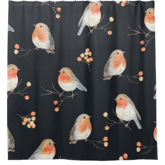 Rideaux De Douche Robins, baies de rowan, motif d'aquarelle d'hiver. (Devant)