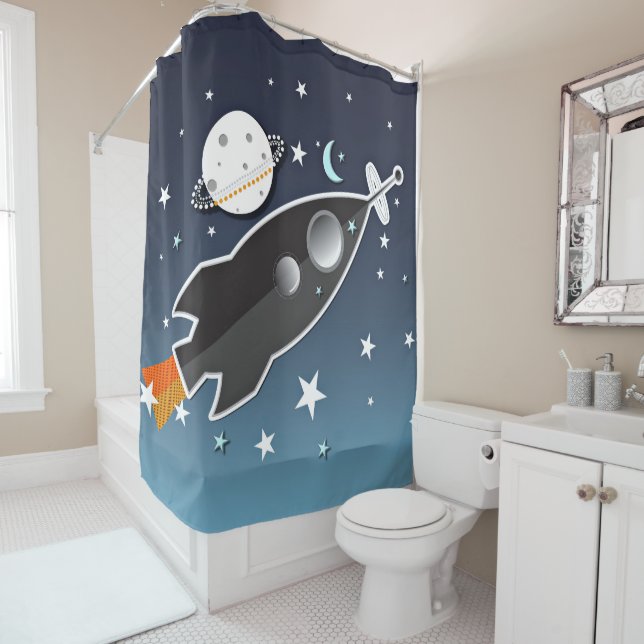 Rideaux De Douche Rocket Ship vaisseau spatial Bleu et Orange Whimsi (En situation)