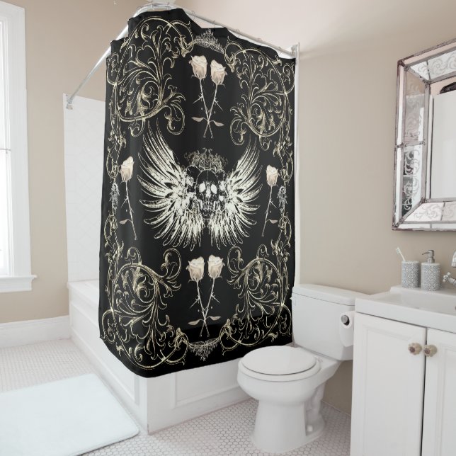 Rideaux De Douche Romance gothique victorienne Ailes du crâne et ros (En situation)