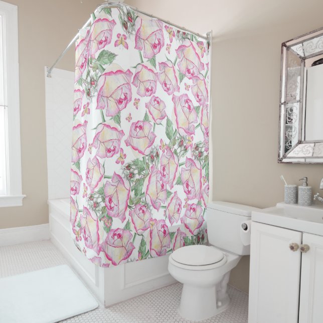 Rideaux De Douche Romantique blanc rose jaune d'été rose floral (En situation)