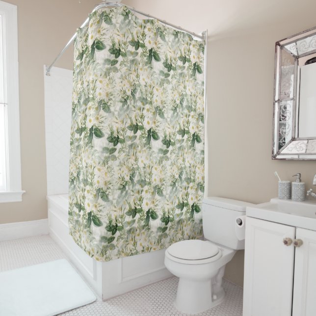 Rideaux De Douche Romantique Fleurs blanches douces et Feuilles vert (En situation)