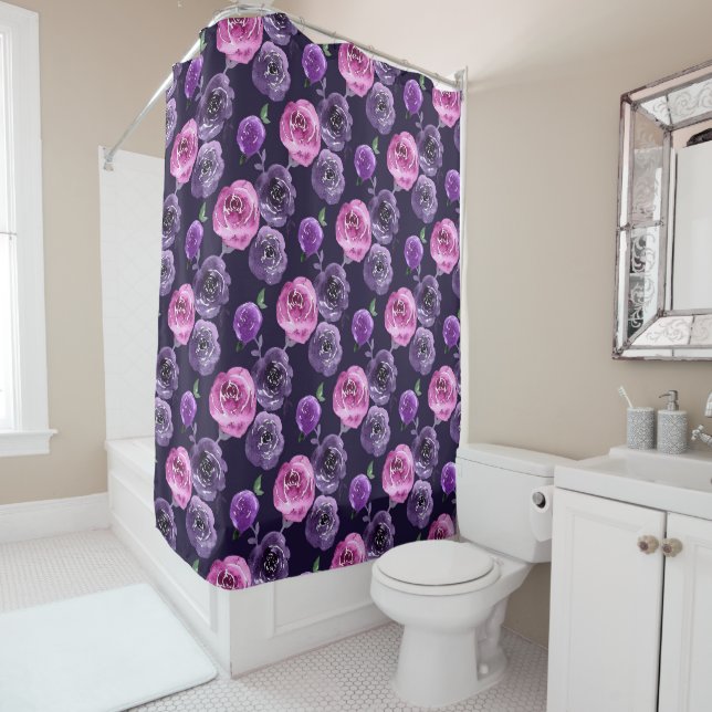Rideaux De Douche Romantique Purple & Rose Aquarelle Rose Floral (En situation)